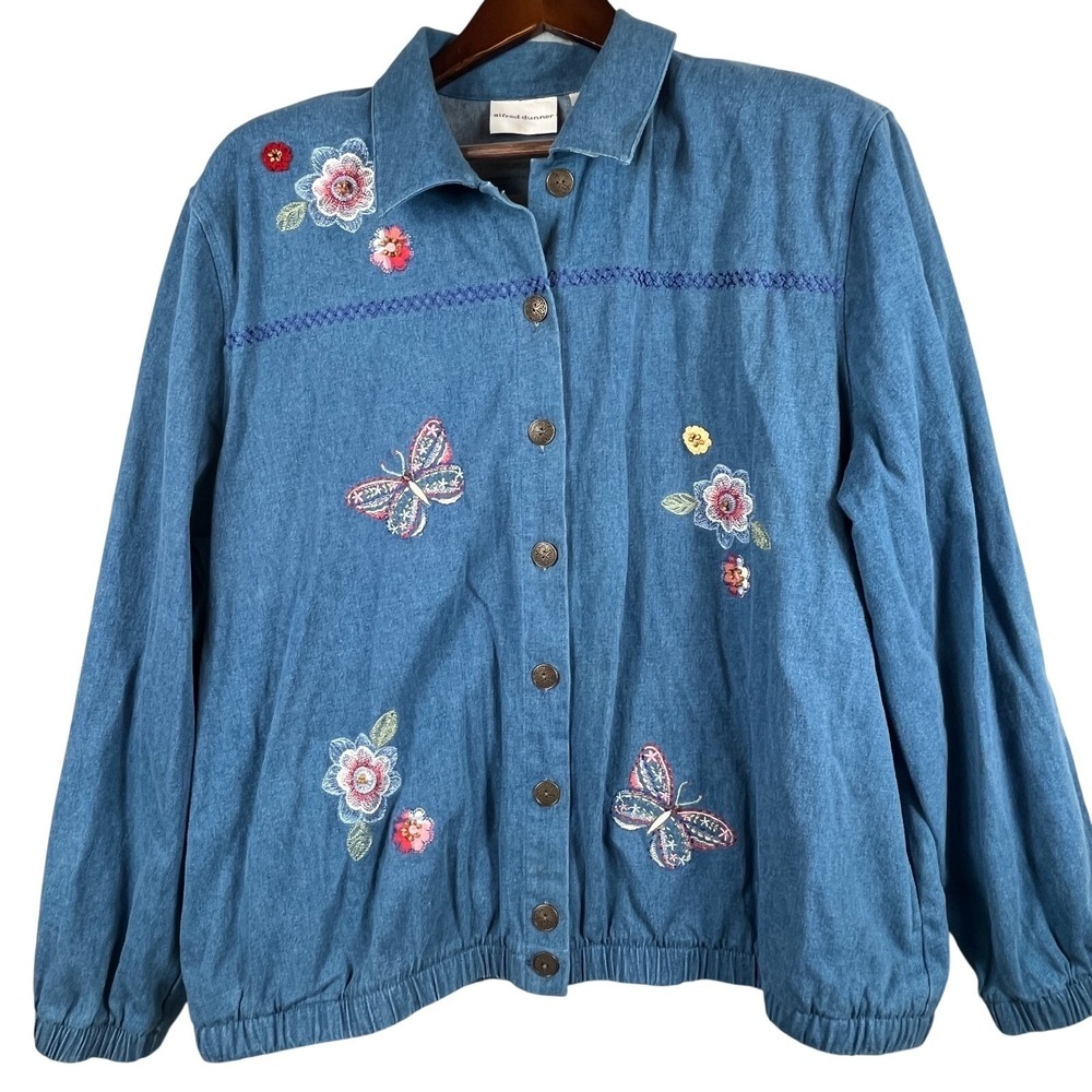 Alfred Dunner Womens 20 Blue Button Jacket Floral Butterfly Embroidered Beaded